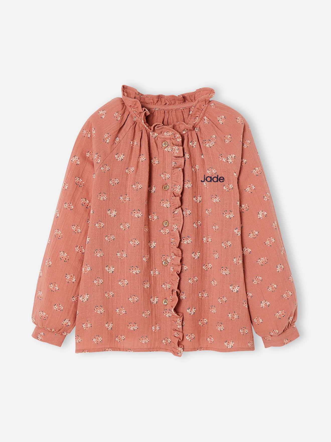 Blusa infantil de chiffon de algodão com babados e estampa floral, cor terracota personalizável.