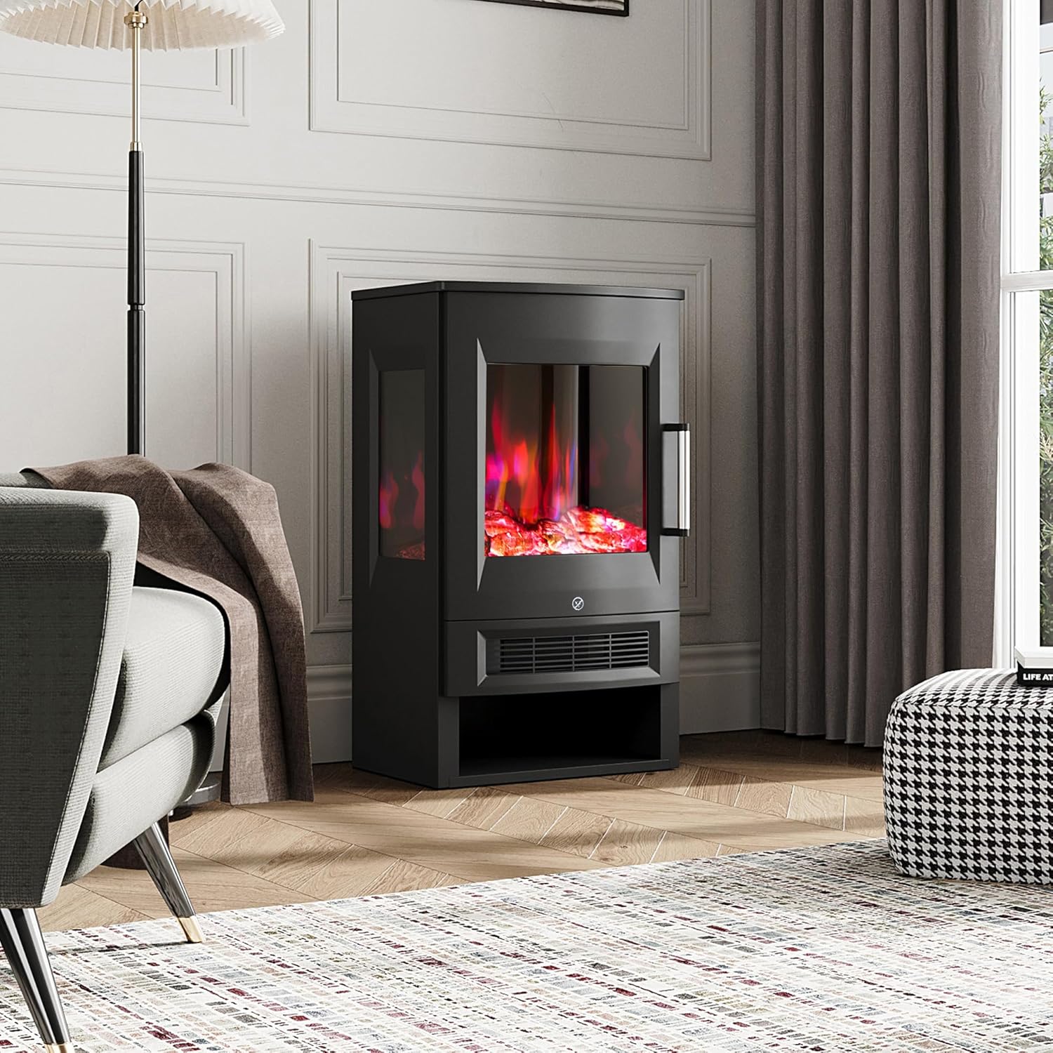 INMOZATA Elektrokamin mit Heizung Panorama-Sichtfenster Elektrischer Kamin mit 8 LED Flammeneffekt und Ember Bett Effekt, WiFi APP 900/1800W Kaminfeuer Elektrisch mit 45° Kippschutz & Thermostat