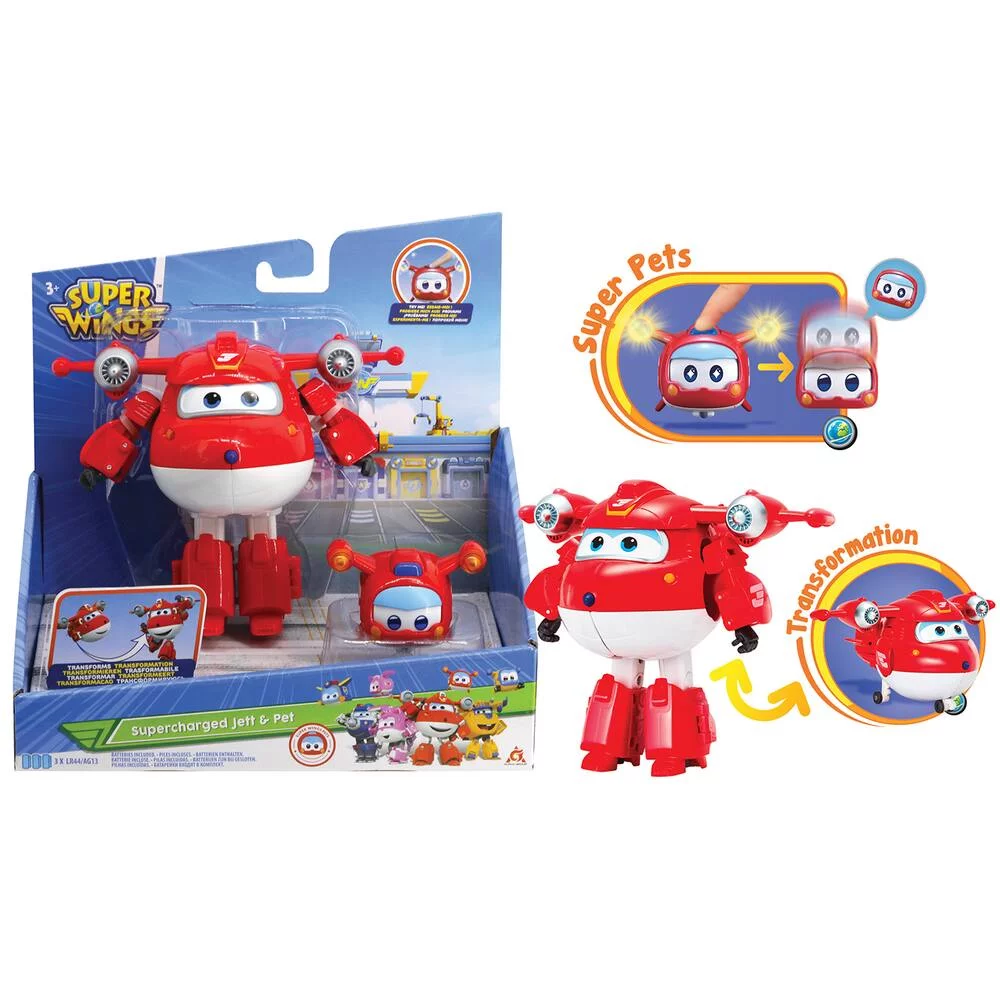 SUPER WINGS - FIGURINE TRANSFORMING SUPERCHARGE 12 CM + SUPER PETS