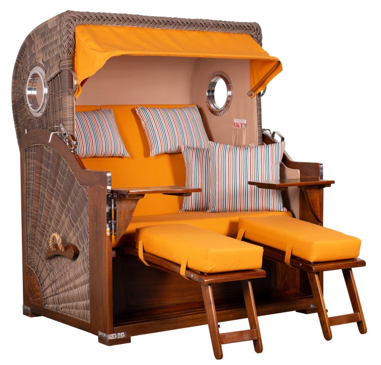 Westerland strandstoel, mahonie, patrijspoort, PE grijs, design 586