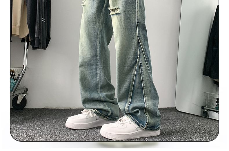 Fushet - Mid Rise Washed Distressed Flared Jeans