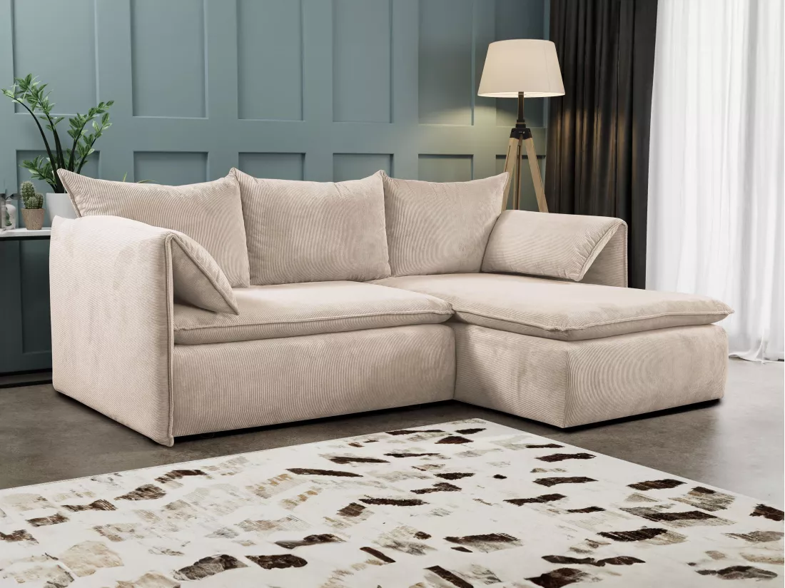 Canapé d'angle droit convertible en velours côtelé beige TEODORA