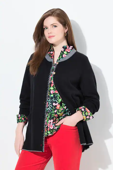 Long-Strickjacke, Hirsch-Stickerei, A-Linie, Stehkragen, schwarz