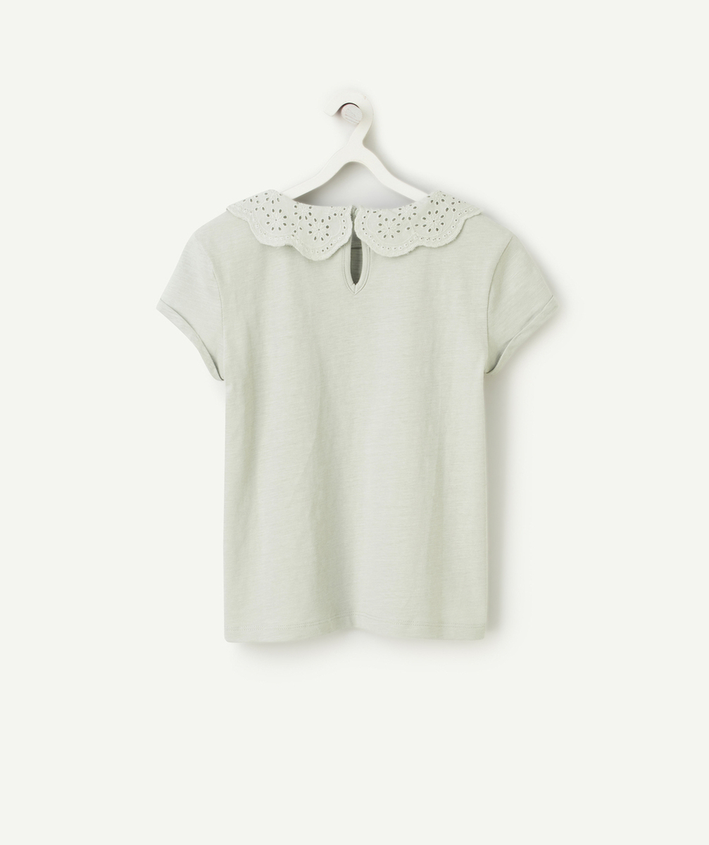 T-SHIRT FILLE EN COTON BIOLOGIQUE VERT AVEC COL CLAUDINE BRODÉ