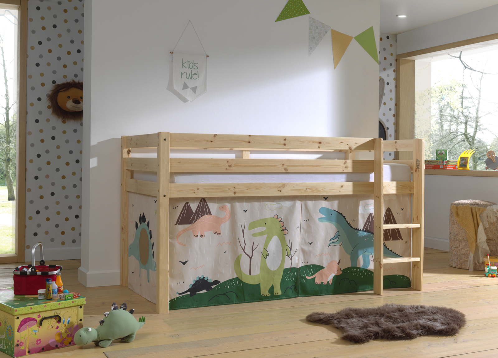 Hochbett PINO - Dino - Kiefer natur lackiert - 90x200 cm