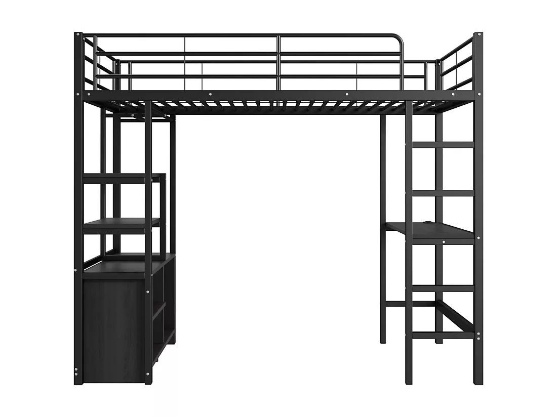 Lit mezzanine 90 x 200 cm avec bureau, prises USB, placard de rangement ouvert - Métal + MDF - Noir (sans matelas)