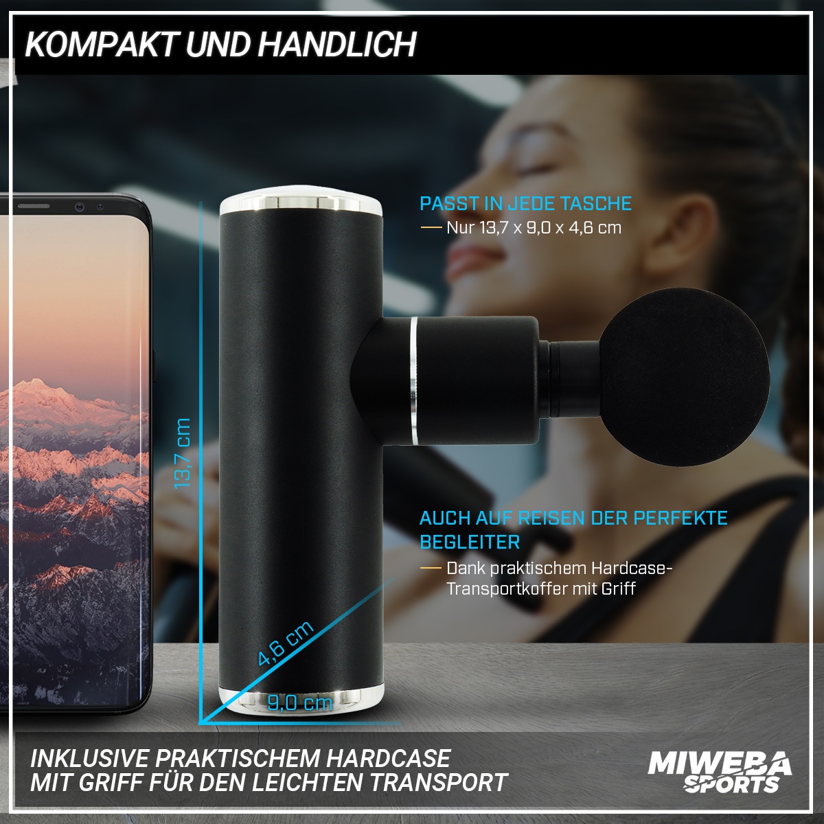 Miweba Sports Mini-Massagepistole MM10, Massage-Gun 2500 mAh, Faszien-Muskelmassage mit 4 Aufsätzen (Schwarz)