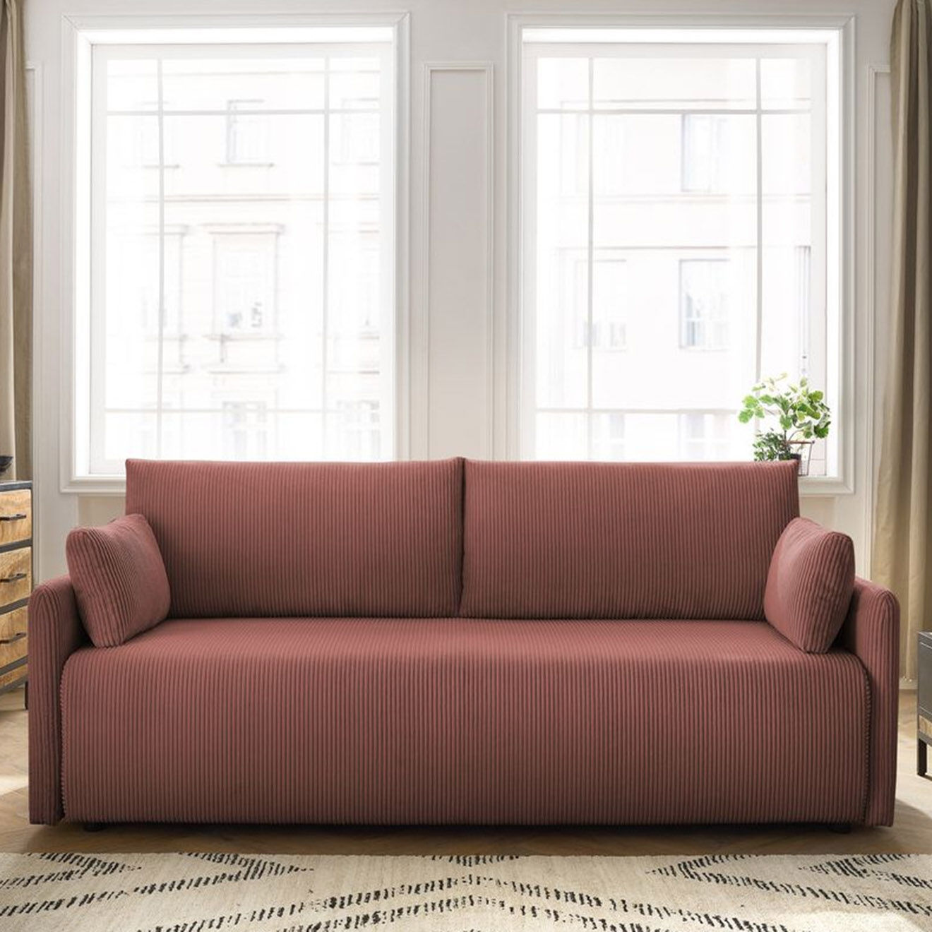 Bobochic Canapé convertible coffre marcel velours côtelé rose  - 211x100x86 cm