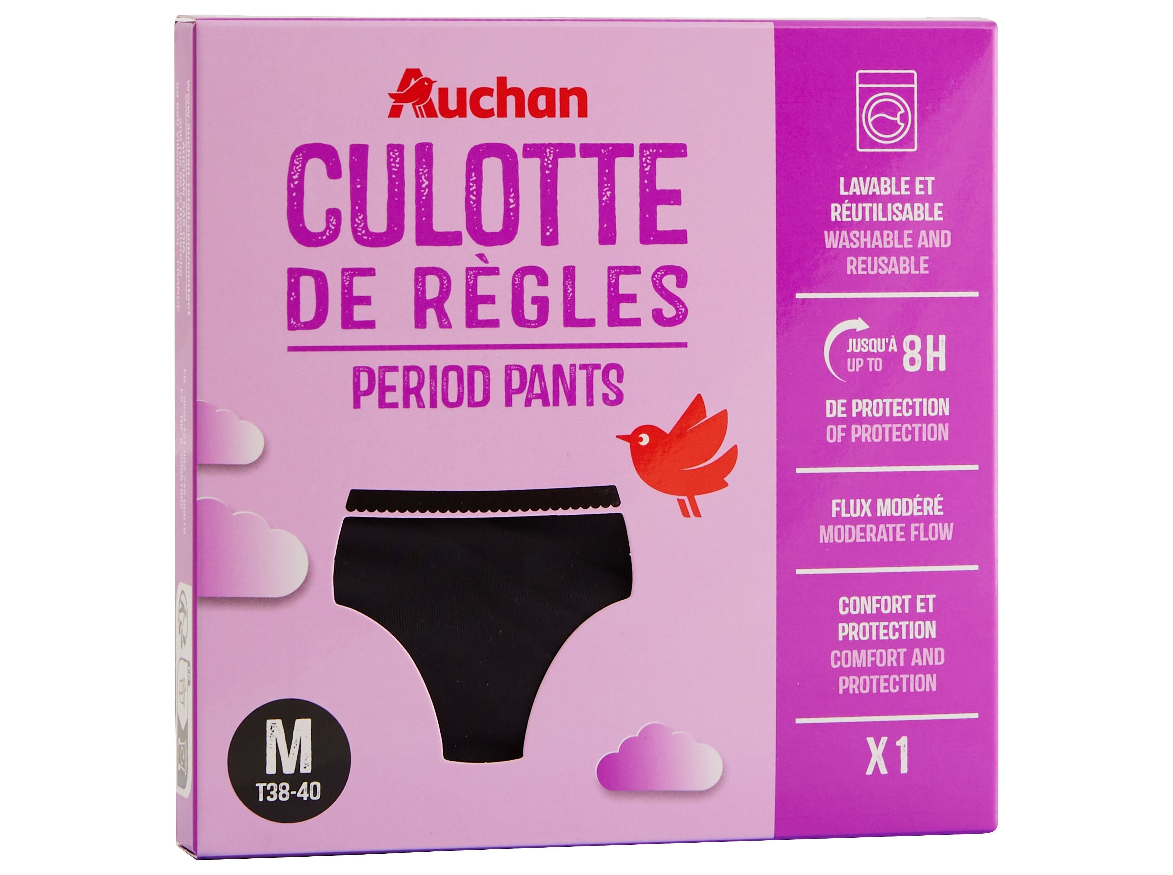 CUECA MENSTRUAL AUCHAN PRETO FLUXO MODERADO M 1UN