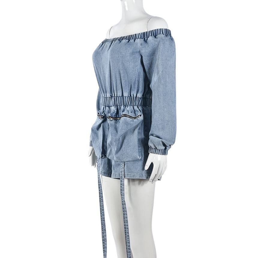 BrickBlack - Lange mouwen off-shoulder denim romper met wijde pijpen