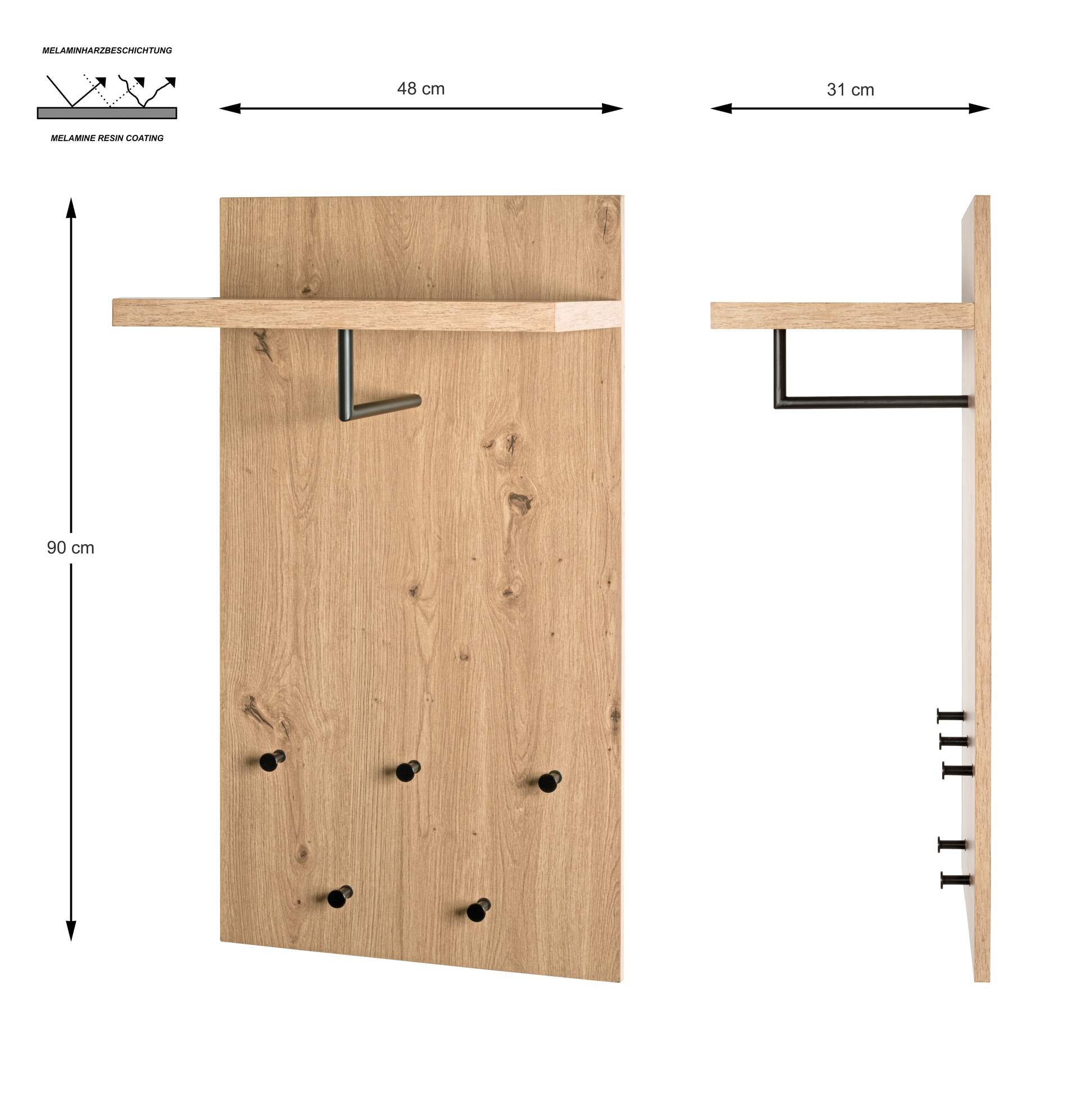 Garderobenpaneel PARMA1 Eiche-Dekor/schwarz 48 x90 cm