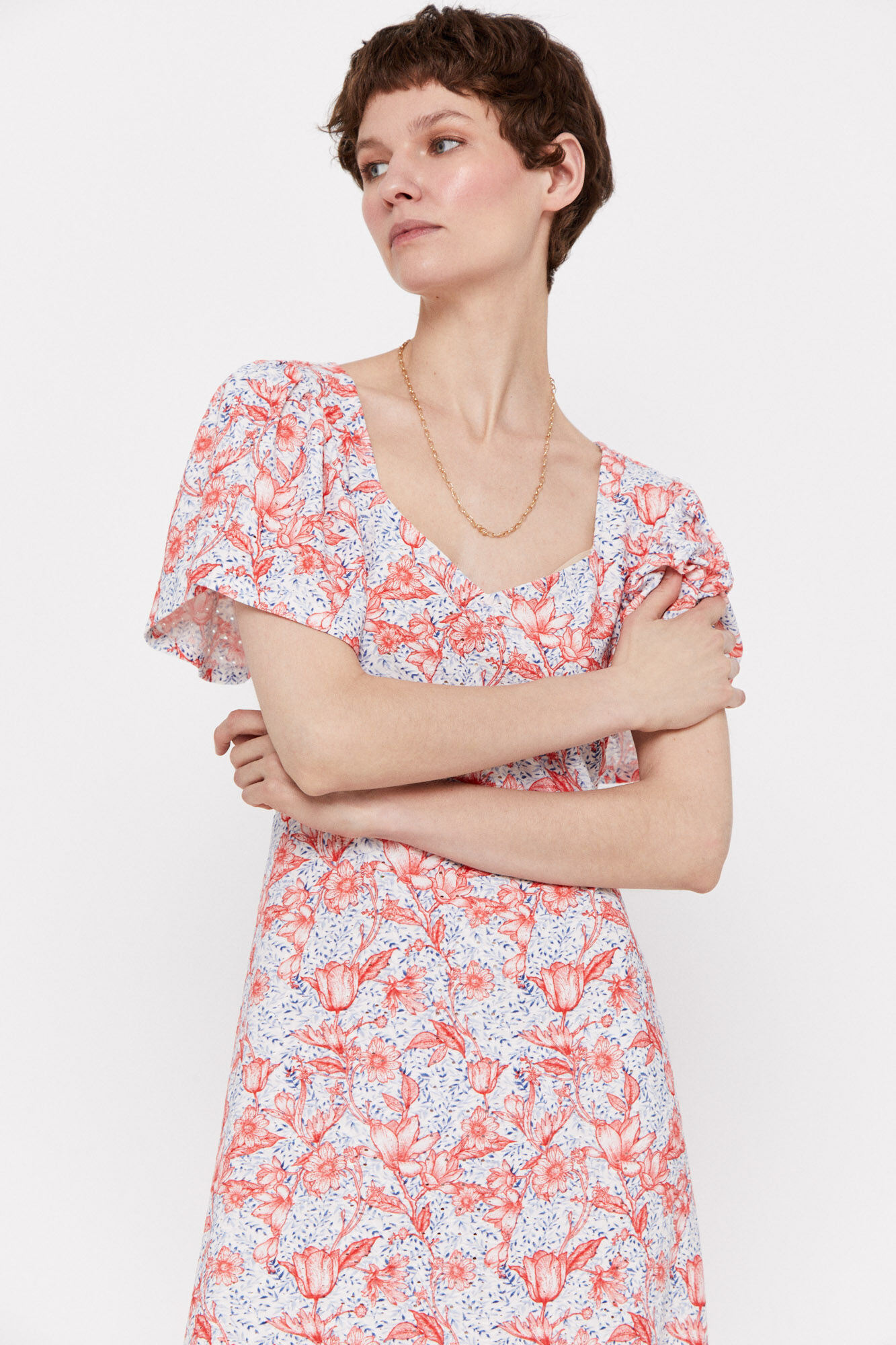 Vestido de malha vazada com babados - Multicolorido