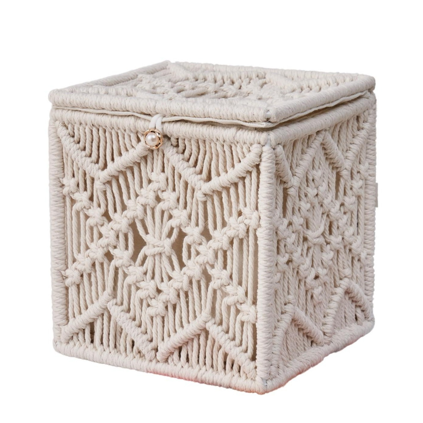 (15x14cm) Makramee Taschentuch Spender Boho Nastuch Dispenser Hygge Lifestyle Kosmetik Tuch Aufbewahrungs Box - Weiss