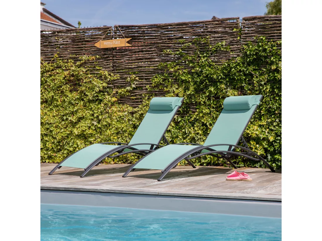 Lot de 2 transats GALAPAGOS en textilène vert d'eau - aluminium gris anthracite - HAPPY GARDEN