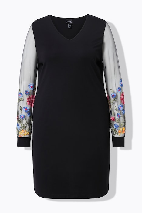 Jerseykleid, A-Linie, bestickter Mesh-Langarm
