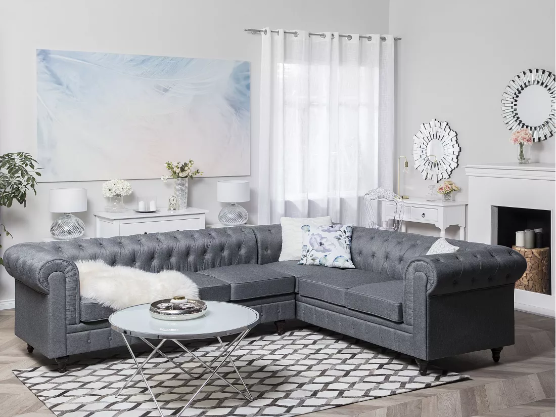Canapé d'Angle à droite en Tissu Gris Housse Amovible Assise Large Chesterfield