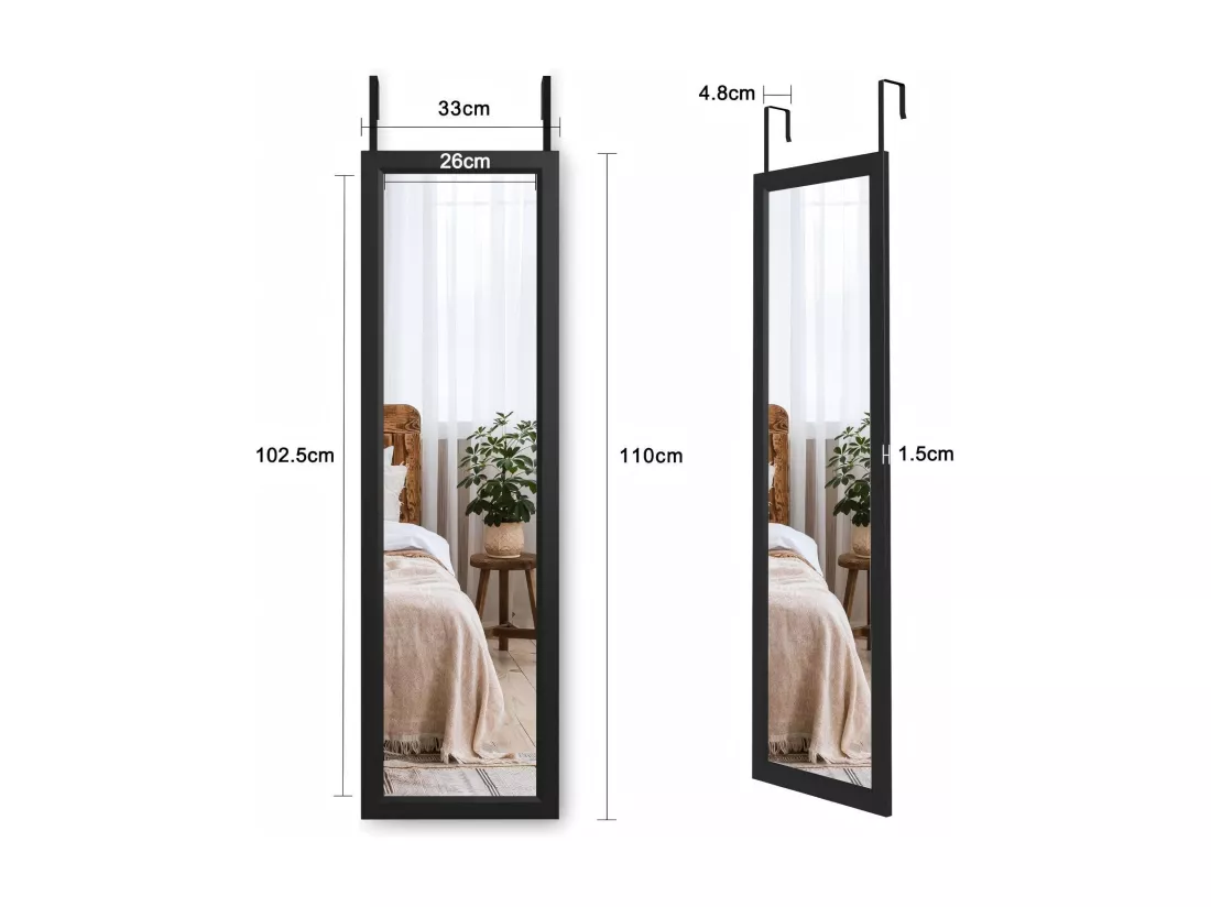 Miroir Porte Mural Suspendu 110x33cm,Miroir Pleine Longueur en Verre Trempé avec 2 Crochets de Suspension pour Porte,Hauteur Réglable - Noir