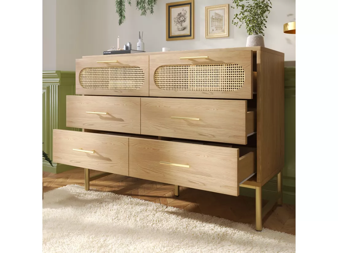 Commode en rotin avec 6 tiroirs, pour salon et chambre, poignées en métal, anti-basculement, 120 x 40 x 74 cm, chêne Sonoma