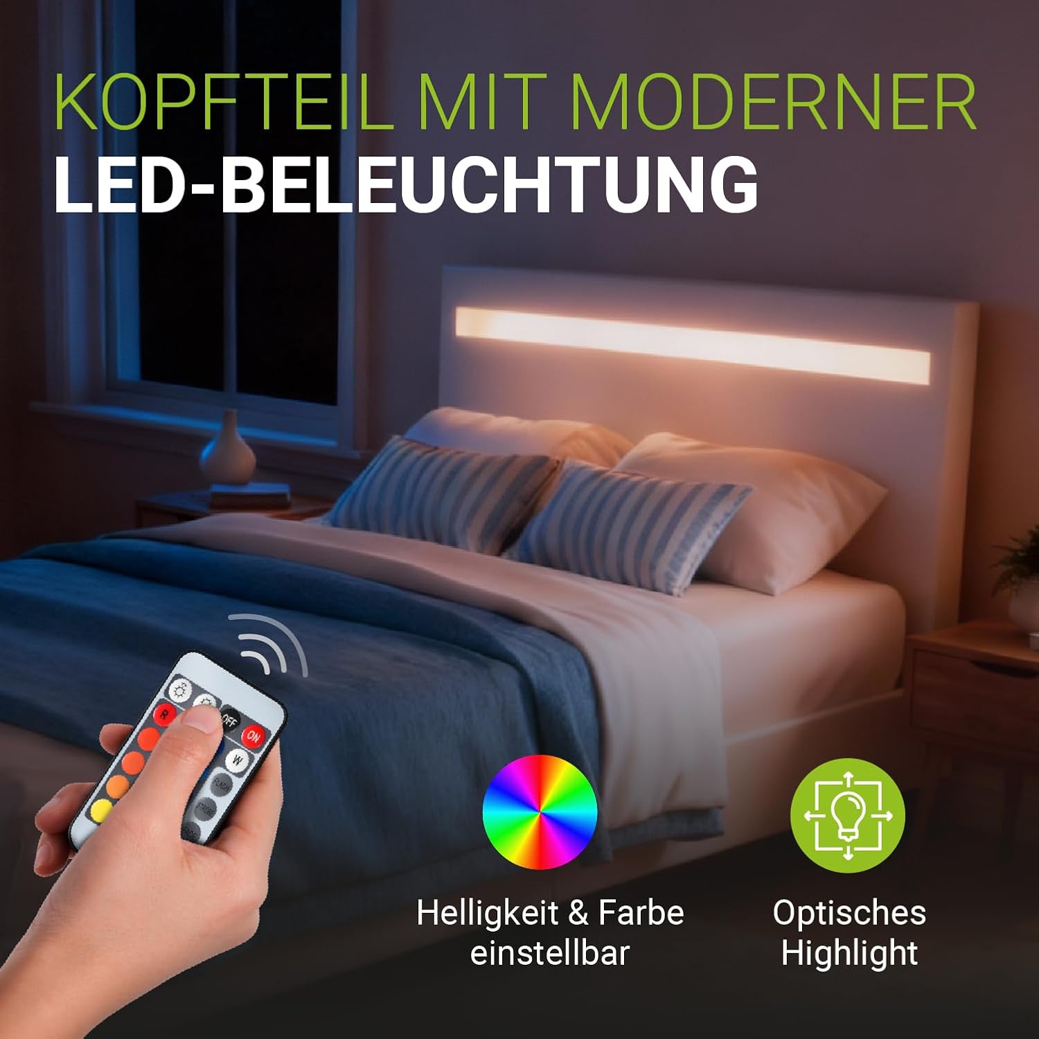 Juskys Polsterbett Paris 90x200 cm mit LED-Beleuchtung, Lattenrost & Kopfteil, Bett mit Gestell aus Holz & Kunstleder Bezug, weiß