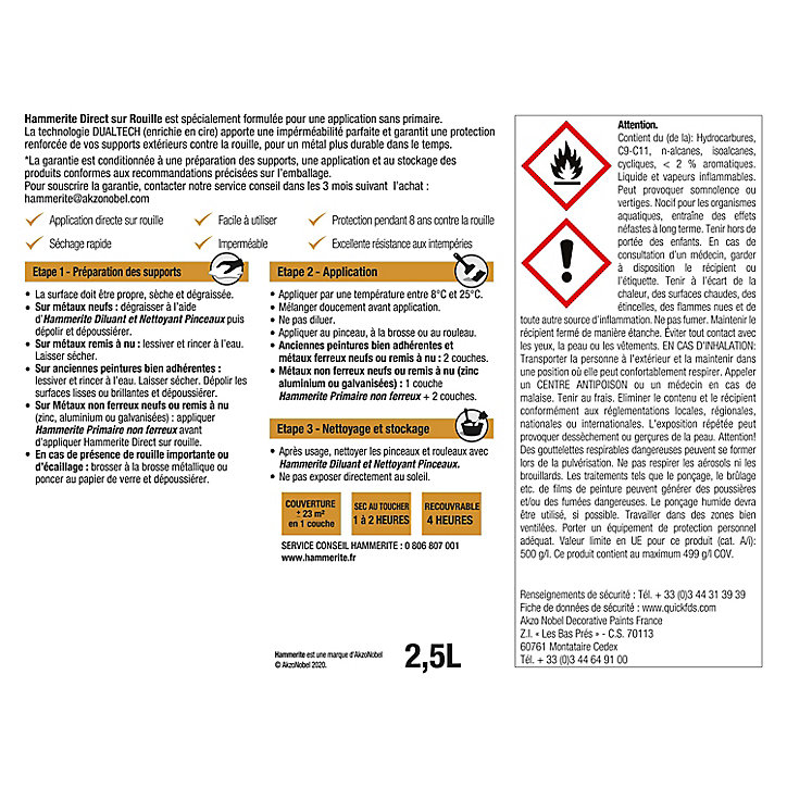 Peinture extérieure métal direct sur rouille Hammerite brillant laqué gris anthracite 2,5L