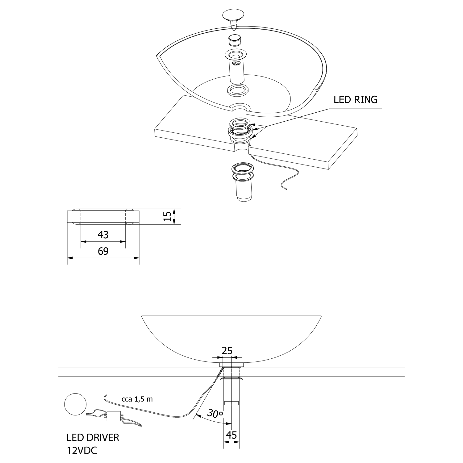 Sapho LED-verlichting ring voor onder een glazen waskom