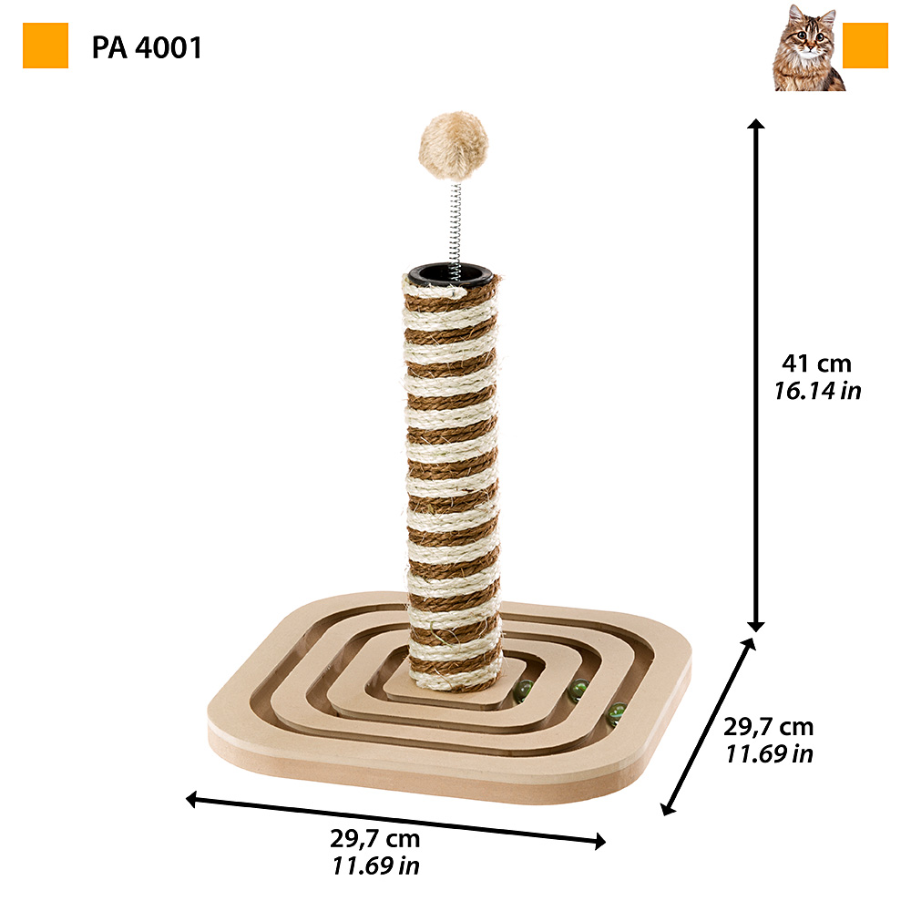 Griffoir à colonne pour chats pa 4001 en sisal avec socle en bois, balles incluses