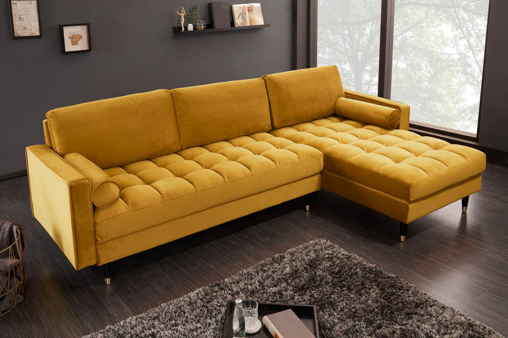 Elegantes Ecksofa COZY VELVET 260cm senfgelb Samt Federkern 3-Sitzer