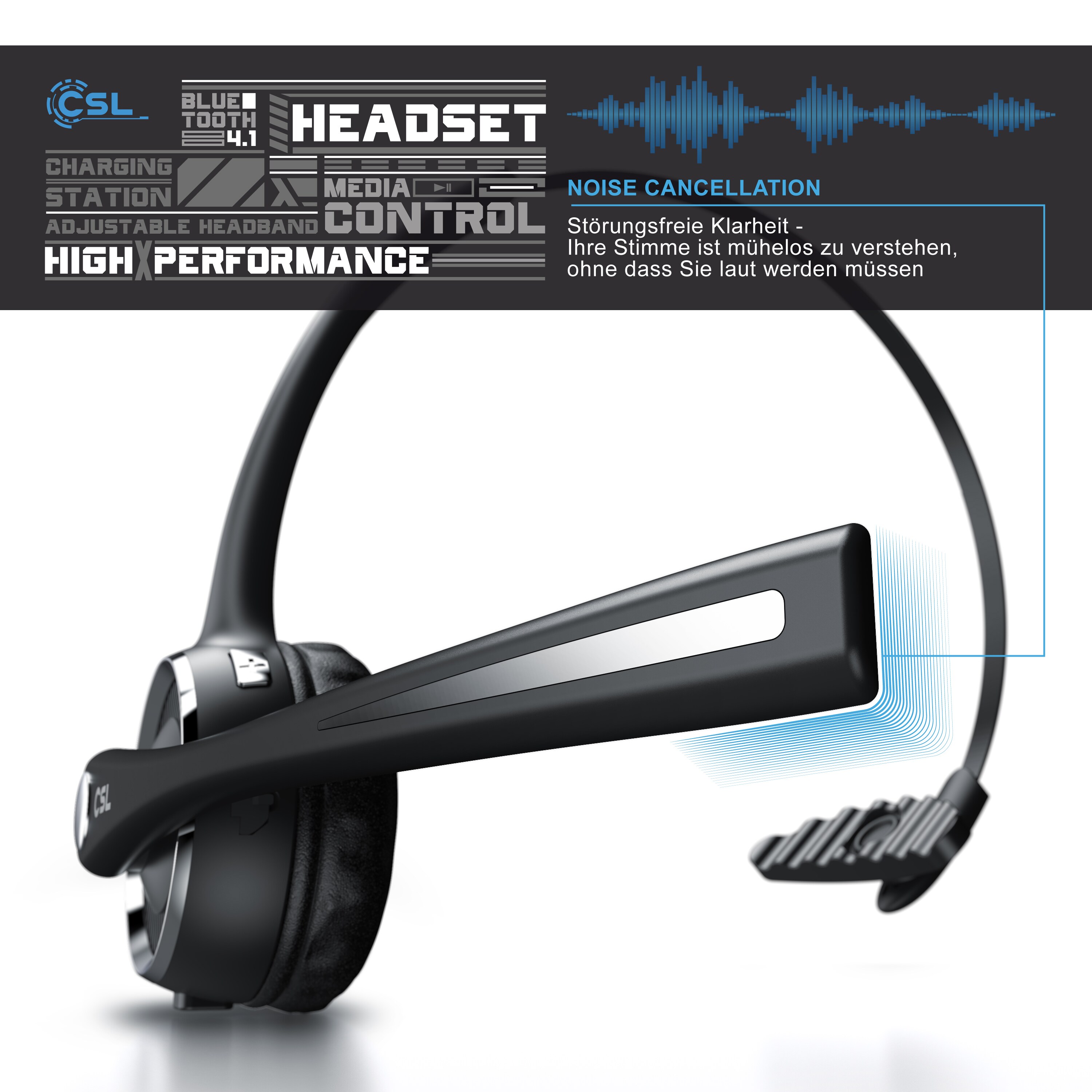 CSL Mono Bluetooth Headset mit Ladestation, Kopfhörer mit flexiblem Mikrofon, Multipoint, kabellos, leicht, freisprechen, Chat Callcenter Meeting