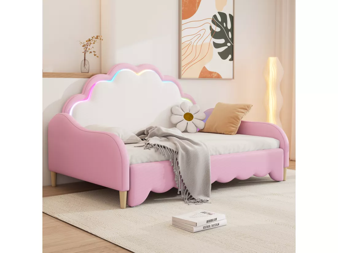 Lit enfant tirable en similicuir - 140x200cm - avec LED et télécommande - Rose (matelas non inclus)