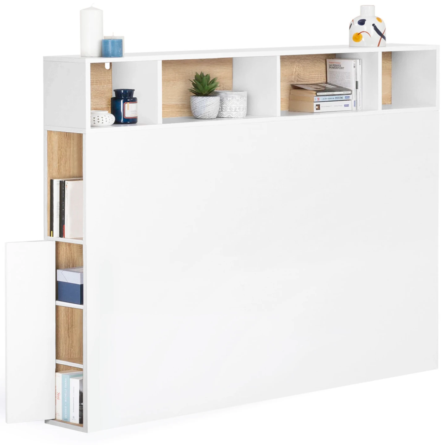 Tête de lit sur pied CLEO 145 cm avec rangements fermés et niches blanc et façon hêtre