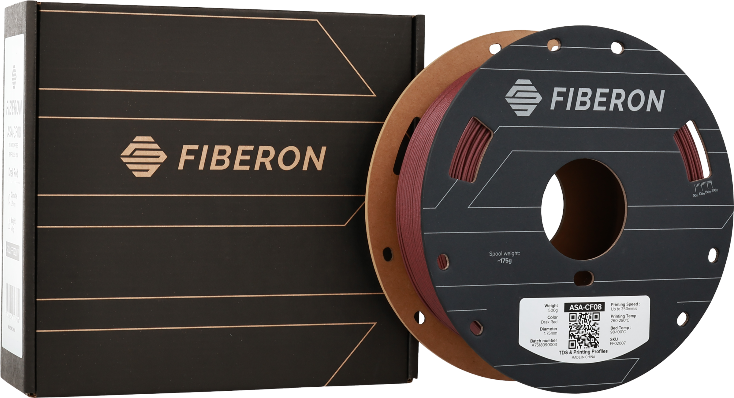Polymaker  Fiberon™ ASA-CF08 Dark Red, 1,75 mm / 500 g    Carbonfaserverstärktes ASA Filament für robuste Anwendungen in Dark Red