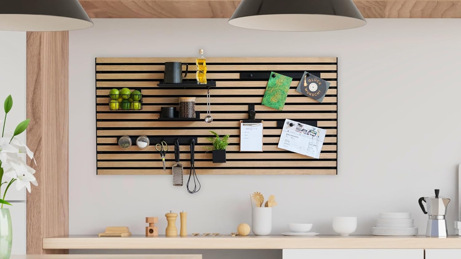 Steinmine - Designmanufaktur Wandorganizer (60 x 120 cm) - Akustikpaneel mit Eichenholzlamellen - inkl. Zubehör - einfache Montage - für Büro, Flur, Küche, Bad und mehr