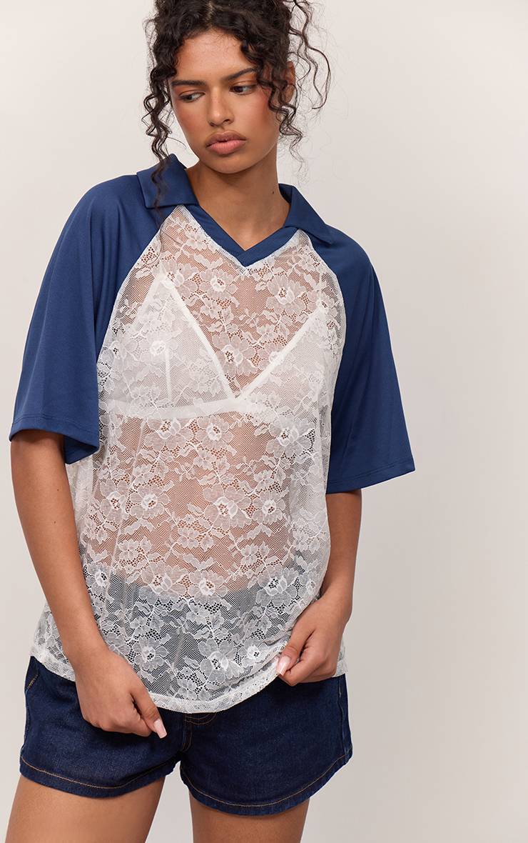 Bleu Marine Haut De Rugby Oversize À Col Contrastant En Dentelle