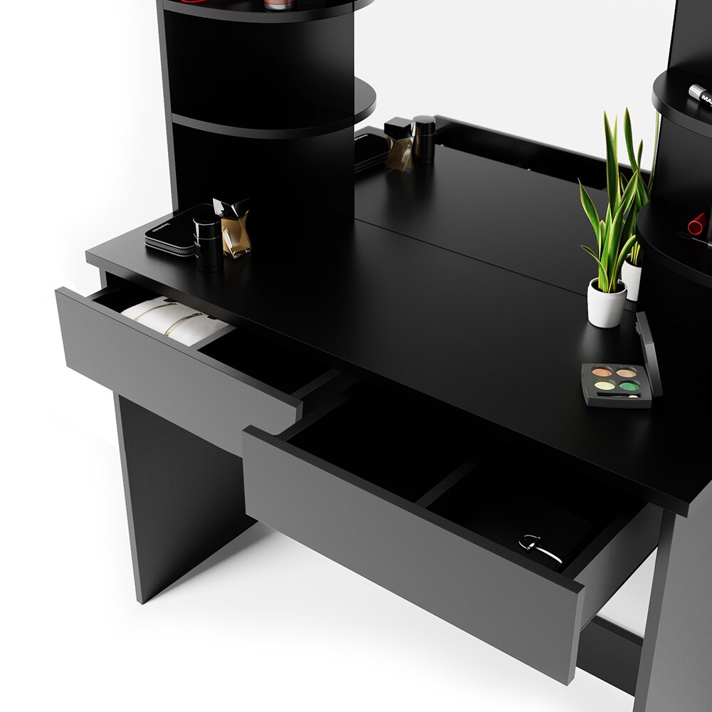 Vicco Schminktisch Charlotte Frisiertisch Kommode Frisierkommode Spiegel Schwarz inklusive Hocker und LED-Lichterkette
