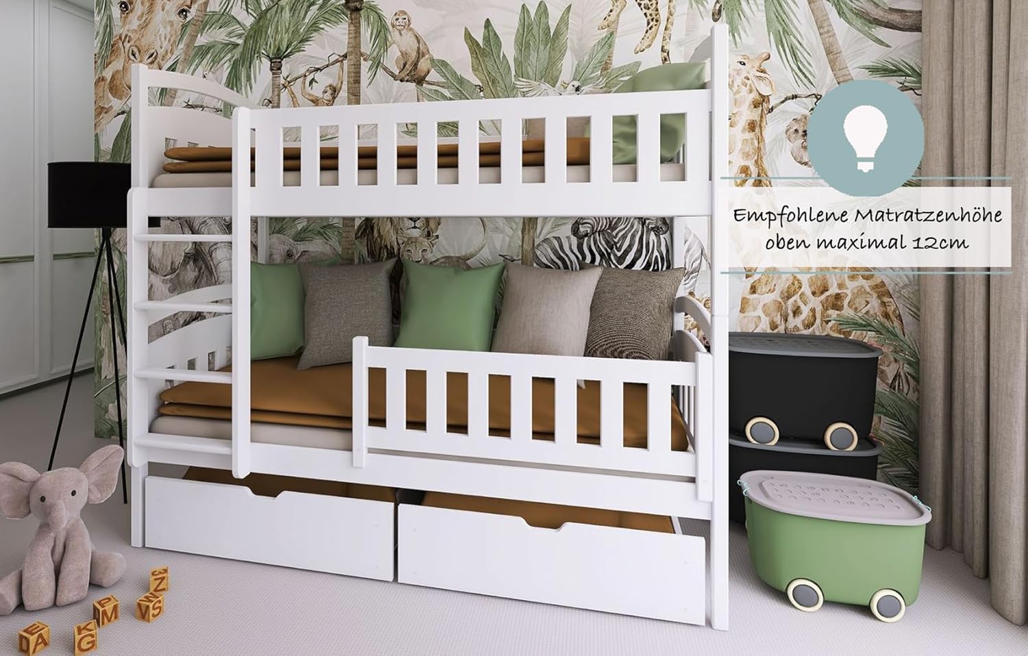 Kids Collective Hochbett 90x200 cm Etagenbett mit Zwei Schubladen, Lattenrost, Rausfallschutz, umbaubar in Zwei Einzelbetten, Funktionsbett Kinderbett weiß 90x200 cm von 4. bis 18. Lebensjahr
