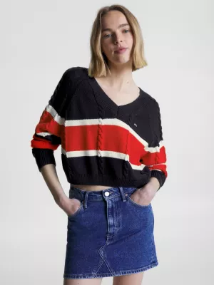 Suéter cropped listrado com decote em V