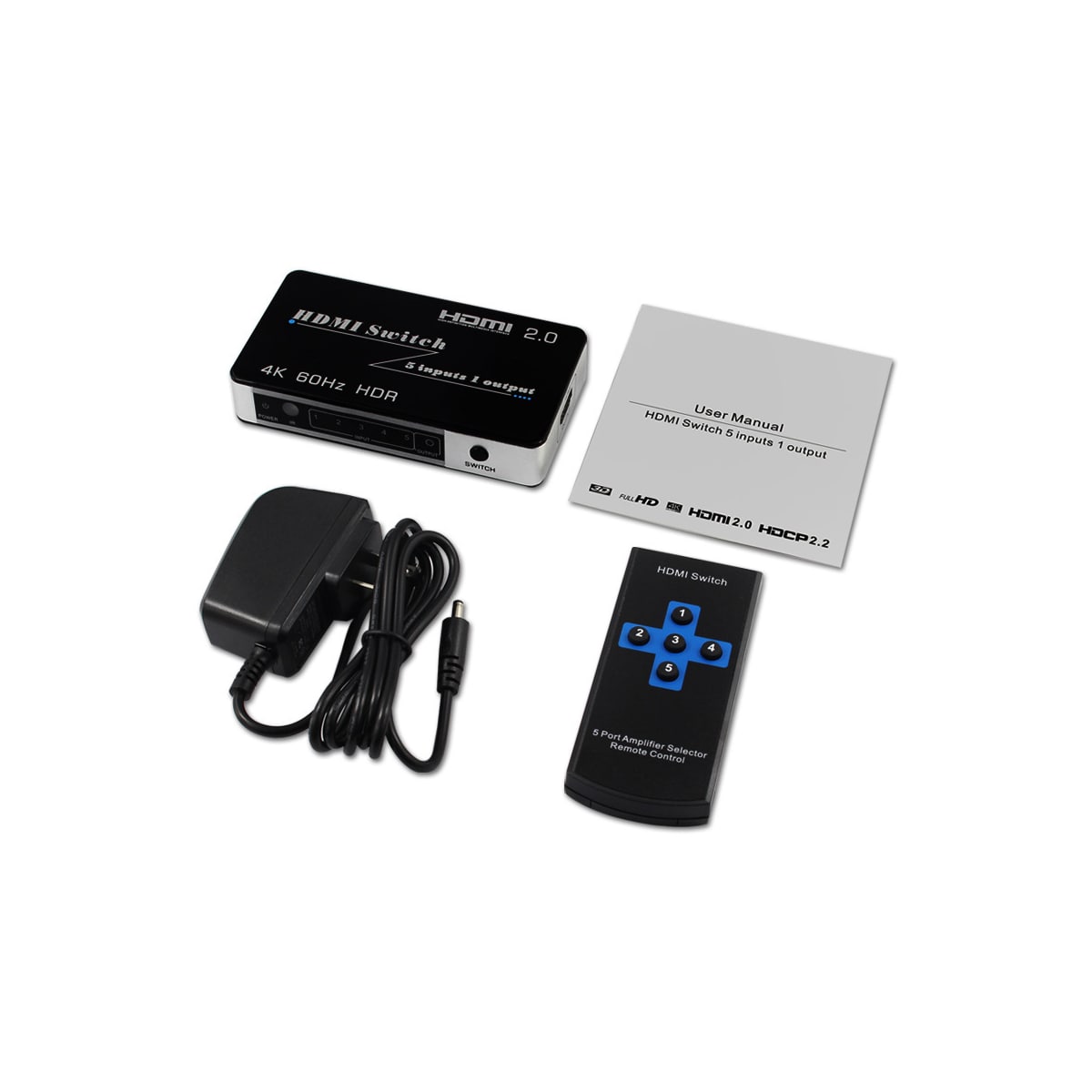 HDMI-svitsj 5 i 1 ut 4K 60Hz Sort