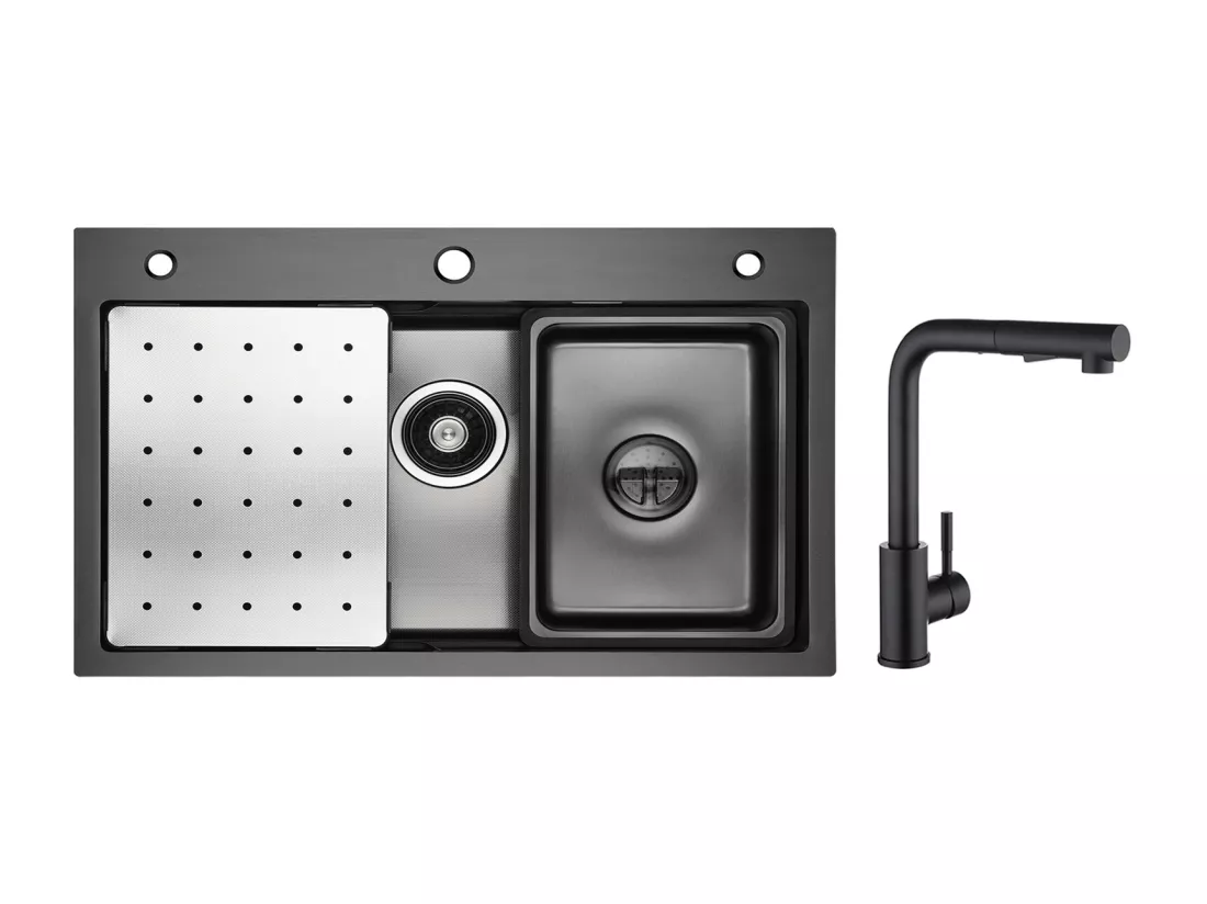 Cecipa max Évier 1 Bac 70×45 CM Noir avec Egouttoir, Vasque et Distributeur de Savon + Mitigeur de Cuisine avec Douchette Extractible Noir