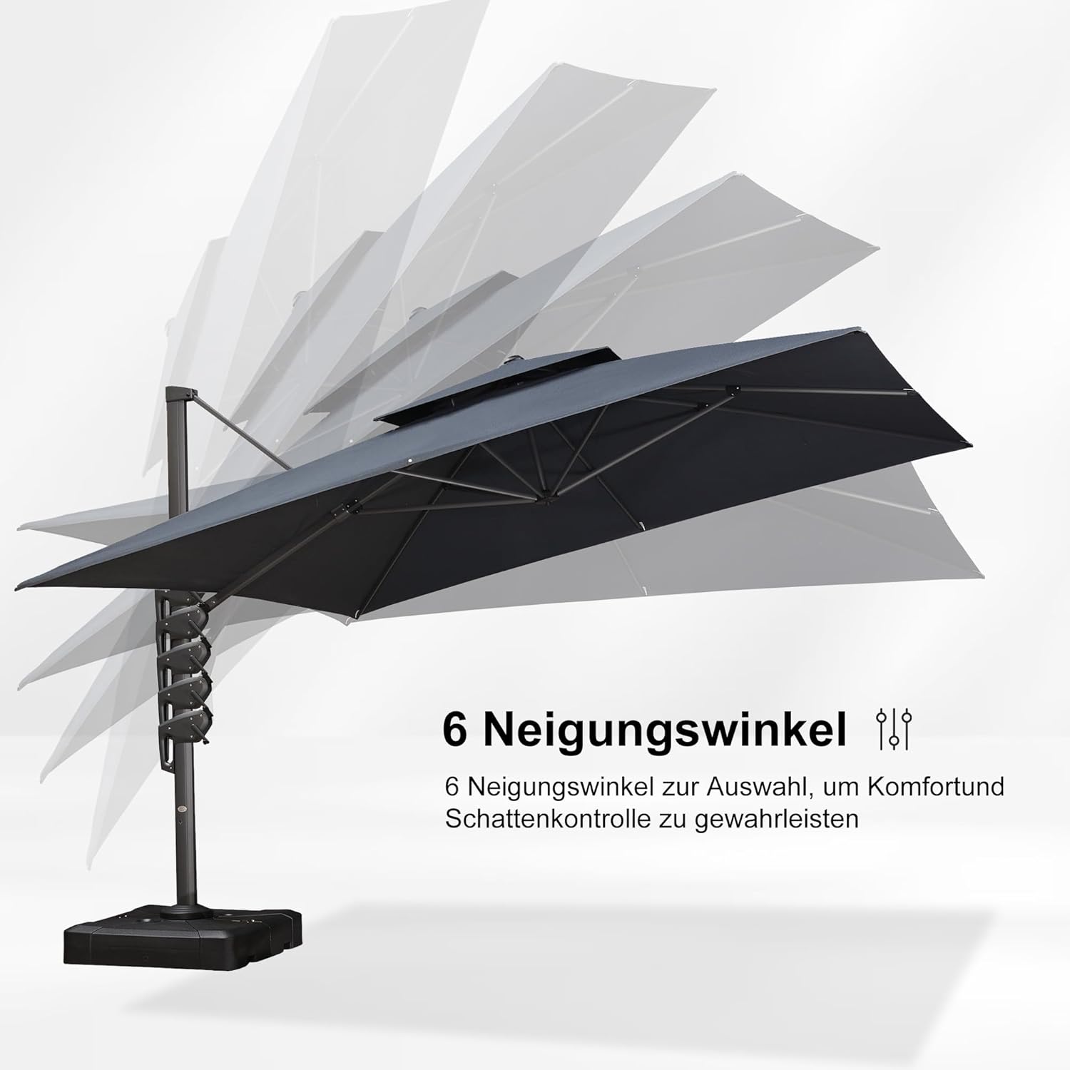 PURPLE LEAF Ampelschirm 365 x 365 cm Sonnenschirm Groß Doppeldach mit Kurbel 360° Drehbar und Neigbar, Gartenschirm aus Acrylimitat für draußen wetterfest, Graphitgrau