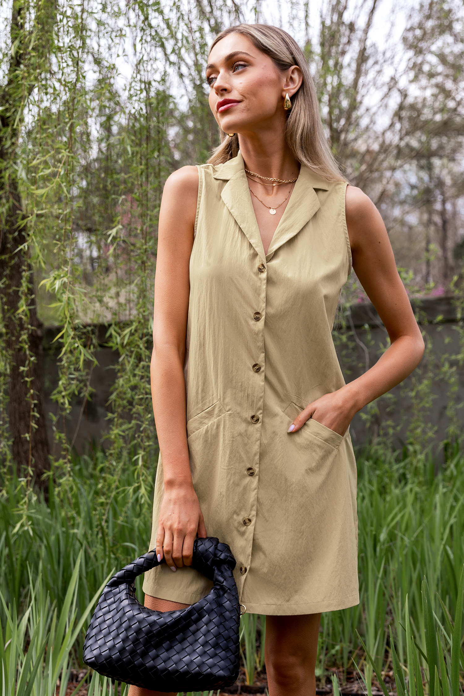 Robe chemise mini à boutons sur le devant kaki