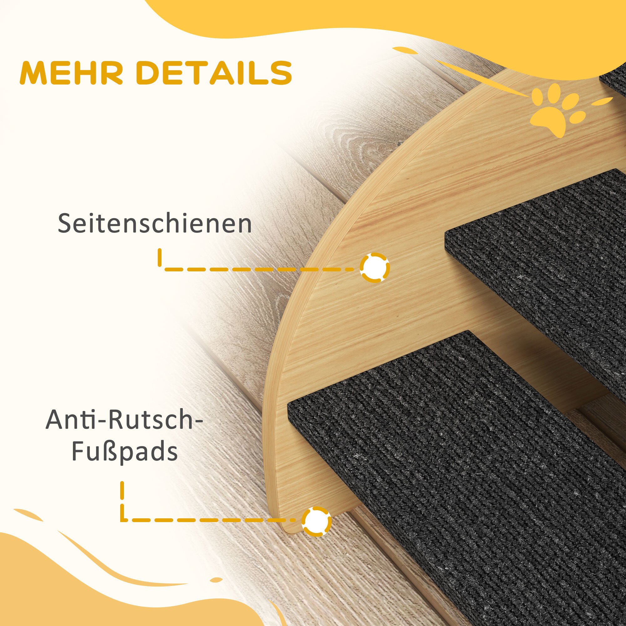 PawHut Hundetreppe mit 8-9,5 cm Treppenstufenerhöhungen natur, schwarz 38,5L x 38,5B x 30H cm