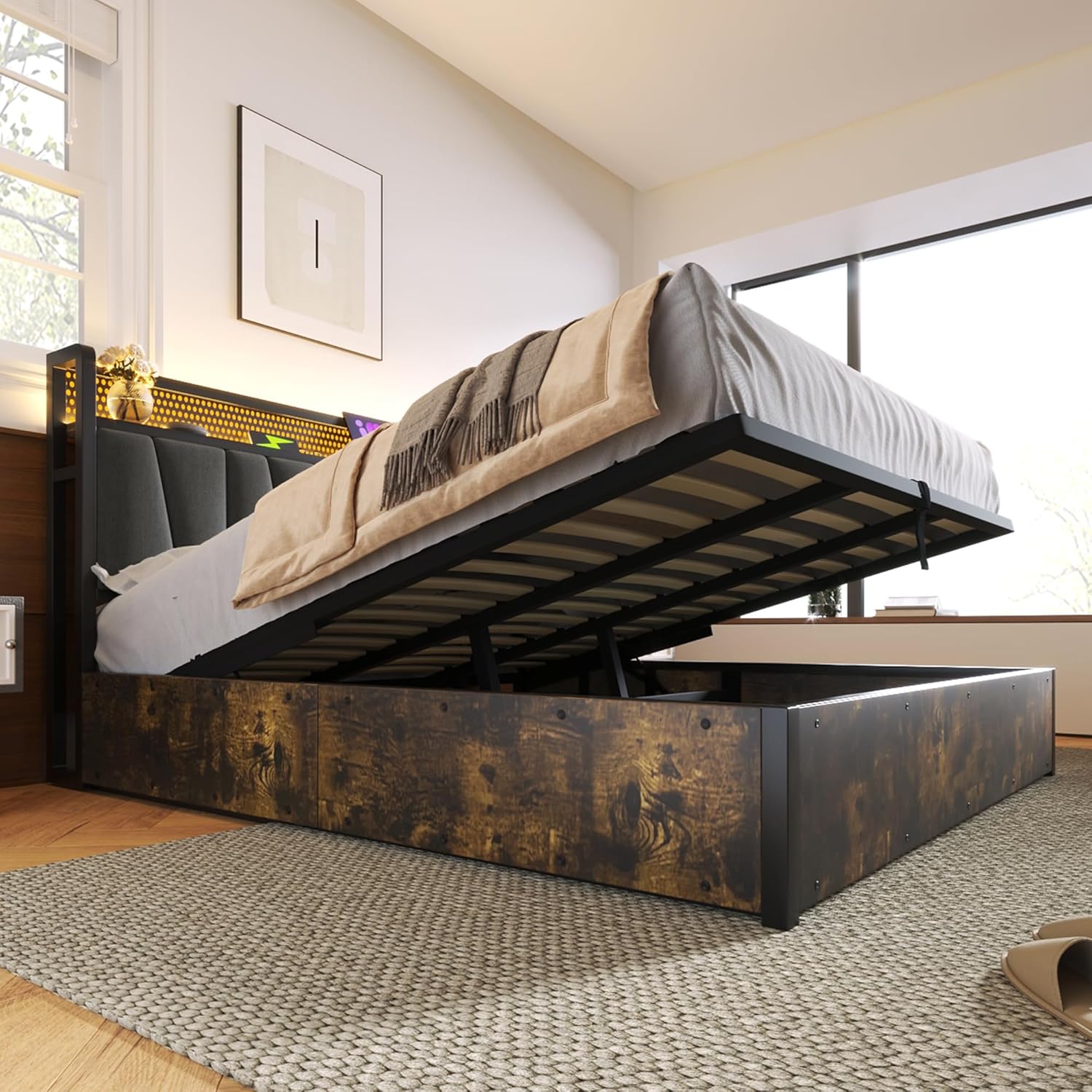 Bett 180x200 cm, Polsterbett mit LED-Beleuchtung, Doppelbett mit Aufladen-USB-Ladefunktion Kopfteil, Metallbett, Lattenrost aus Holz, Grau, Ohne Matratze