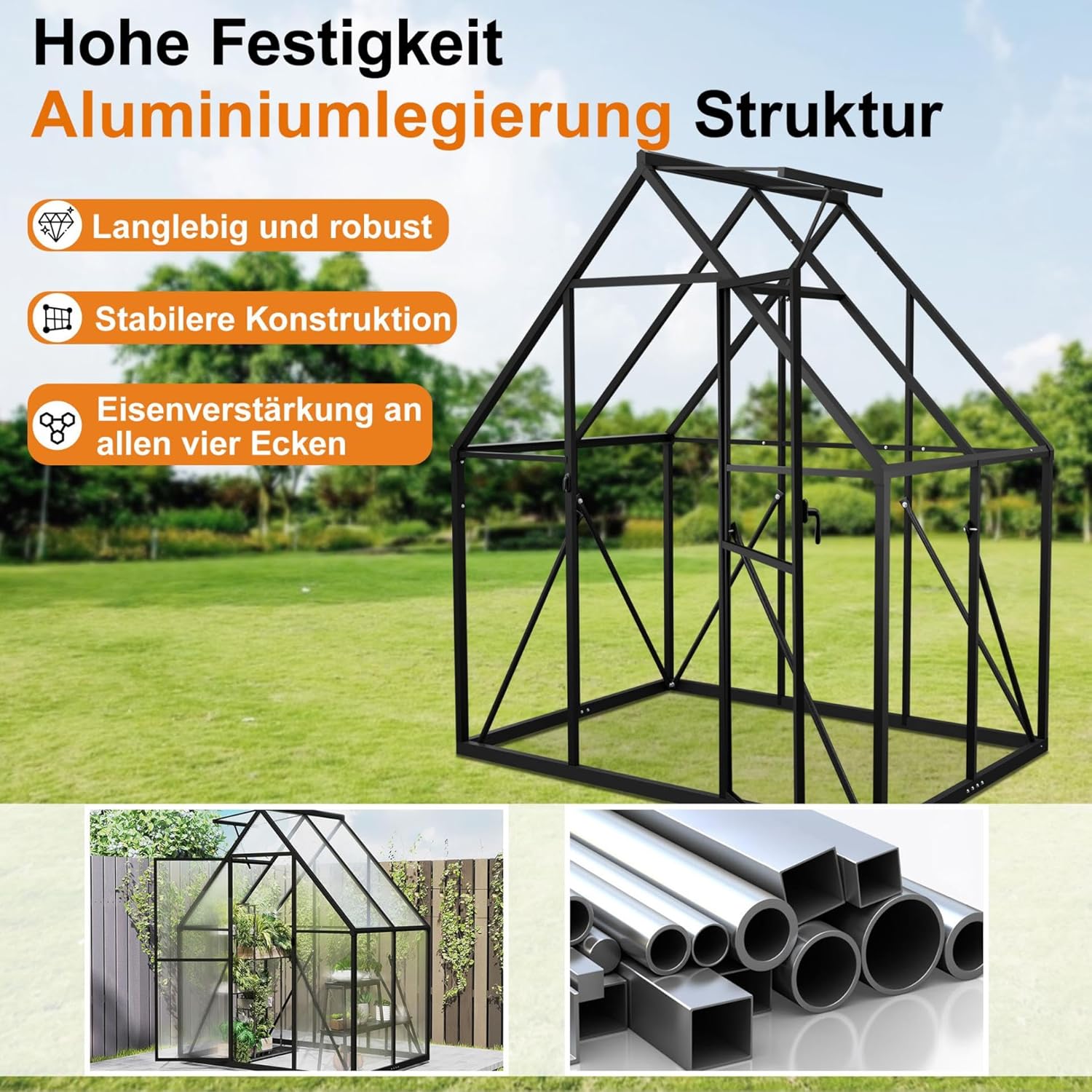 Premium Gewächshaus Aluminium 125x180x195cm 2.25m² Begehbares Garten-Gewächshaus mit verstärktem Fundament & Dachfenster & Tür Wetterfest & temperaturbeständig für Tomaten, Gemüse & Pflanzen