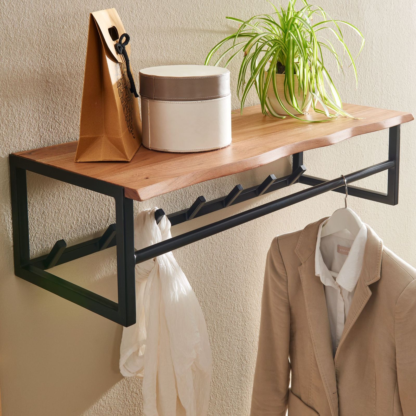 Wandgarderobe - Akazie massiv - 7 Haken - 80 cm