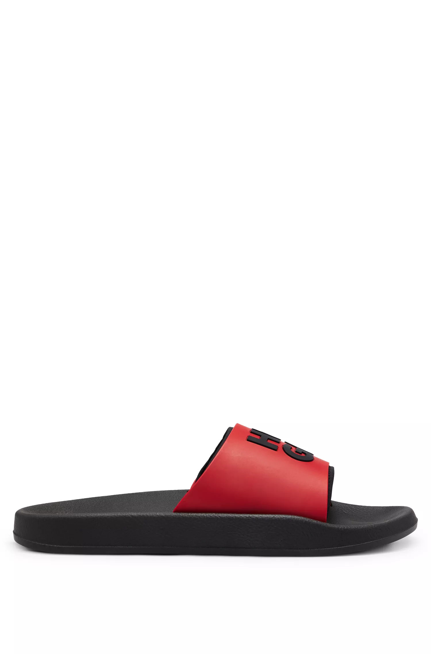 Chinelo vermelho HUGO com tiras personalizadas com o logotipo.