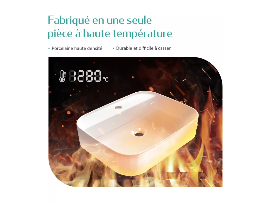 EMKE Vasque à Poser en céramique 60×40×11cm, Lavabo rectangulaire avec robinet trou prépercé, Lavabo à poser blanc brillant