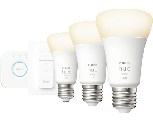 Philips Hue White Starterset 3x A60 E27/9,5W (75W) 1100 lm 2700 K incl. Bridge + Dimmer Switch - Compatibel met SMART HOME van Hornbach