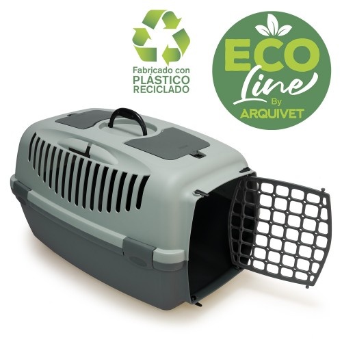 Caixa de transporte para animais de estimação Arquivet Ecoline, feita de plástico reciclado cinza.