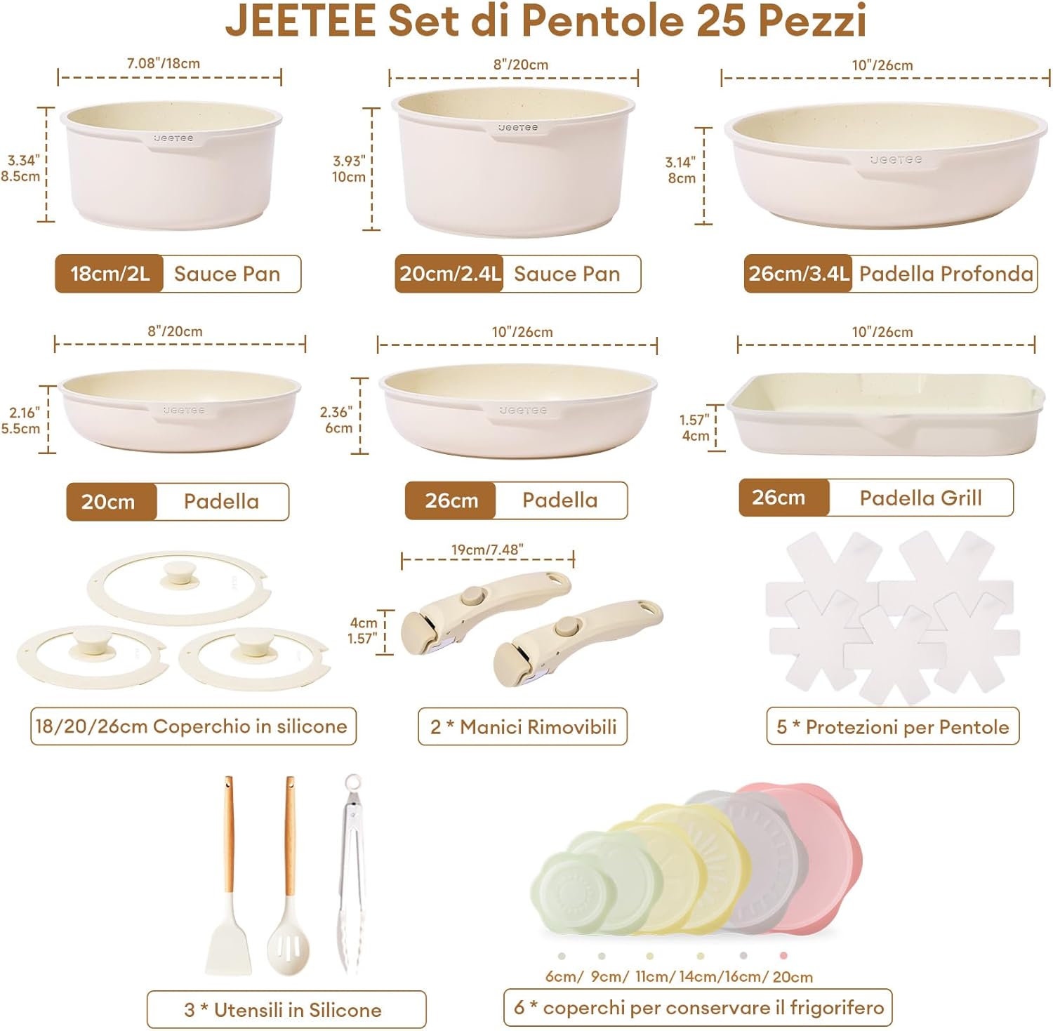 JEETEE Topfset Pfannenset mit abnehmbarem Griffen 25-Teilig, Pfanne 20/26cm, Kochtopf 18/20cm, Tiefe Bratpfanne 26cm, Grillpfanne 26cm, Stapelbar Topfset Für alle Herdarten, Antihaft, Ofenfest, Beige