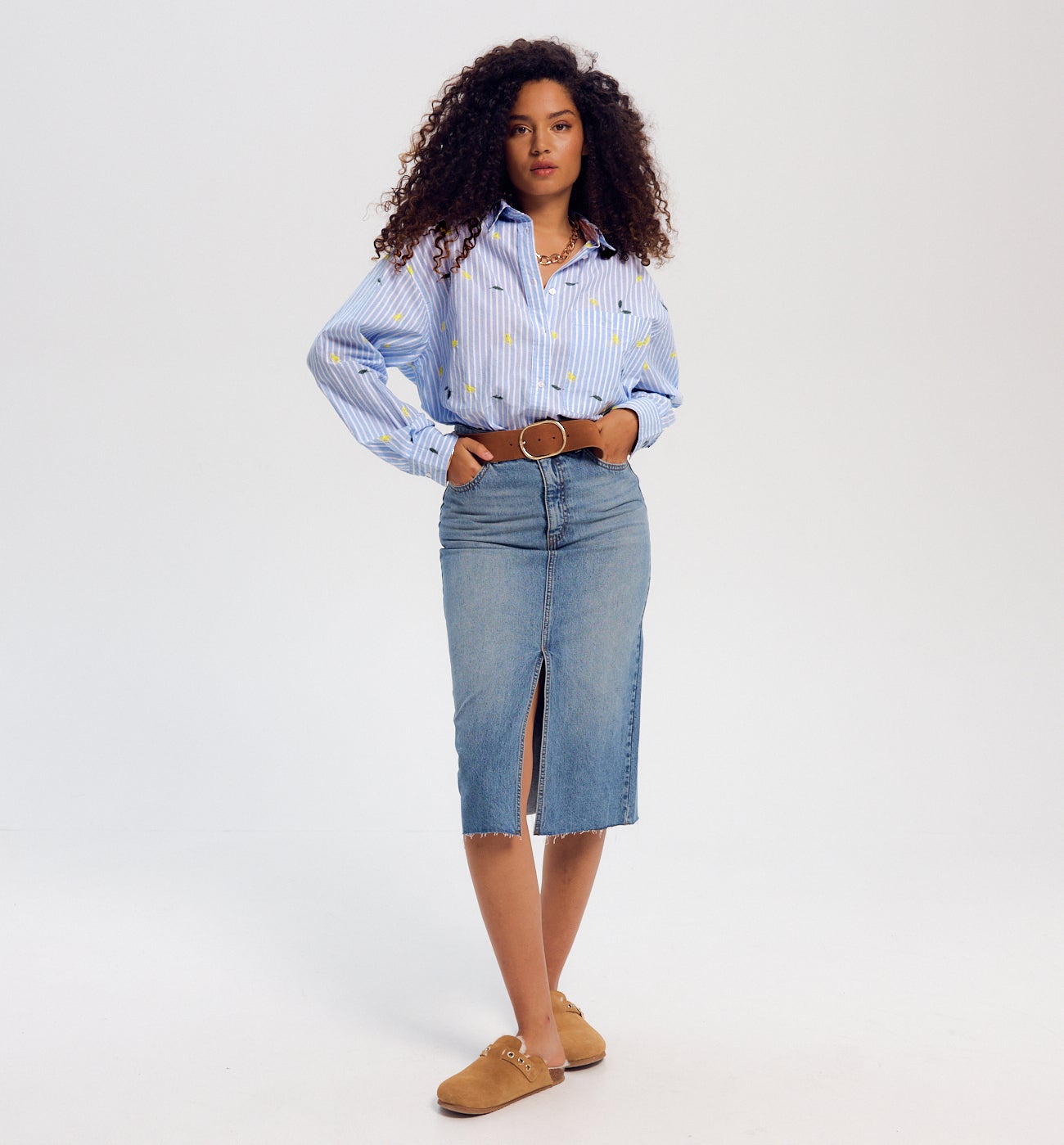 Maxi-chemise rayée brodée - Rayé marine